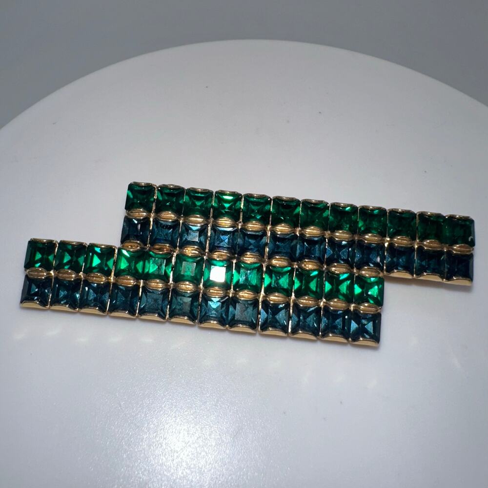 Vintage gold tone emerald green blue square rhinestones geometric bar brooch